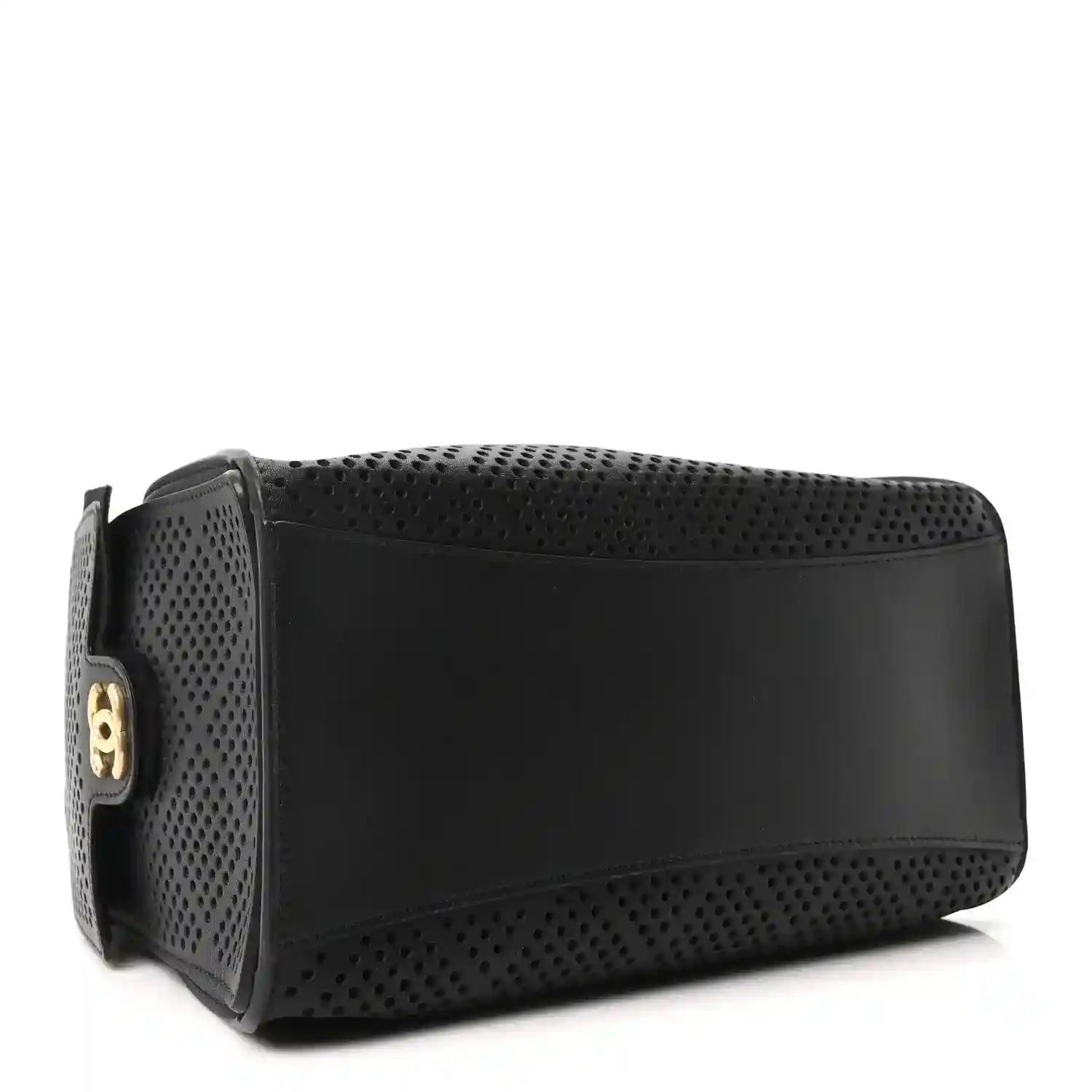 Small black perforated calfskin handbag with smooth front panel and curved base