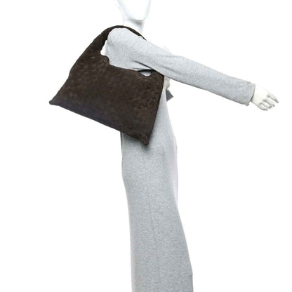 Suede intrecciato hobo bag with woven texture, small top handles, dark brown