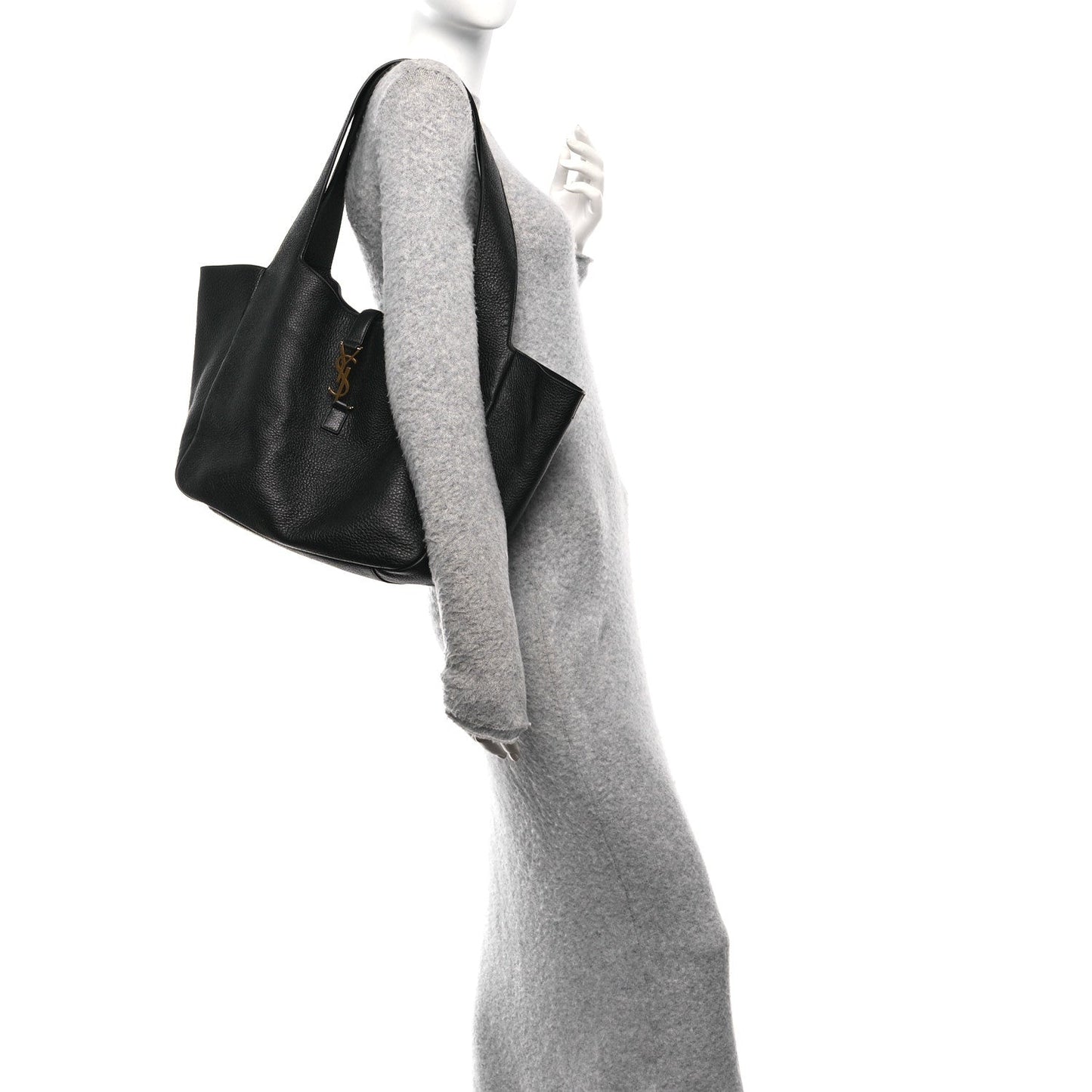 SAINT LAURENT Bea tote bag angled view in black grained deerskin with side profile