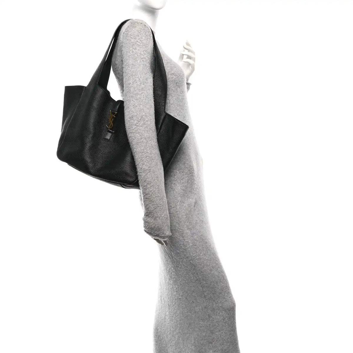 SAINT LAURENT Bea tote bag angled view in black grained deerskin with side profile
