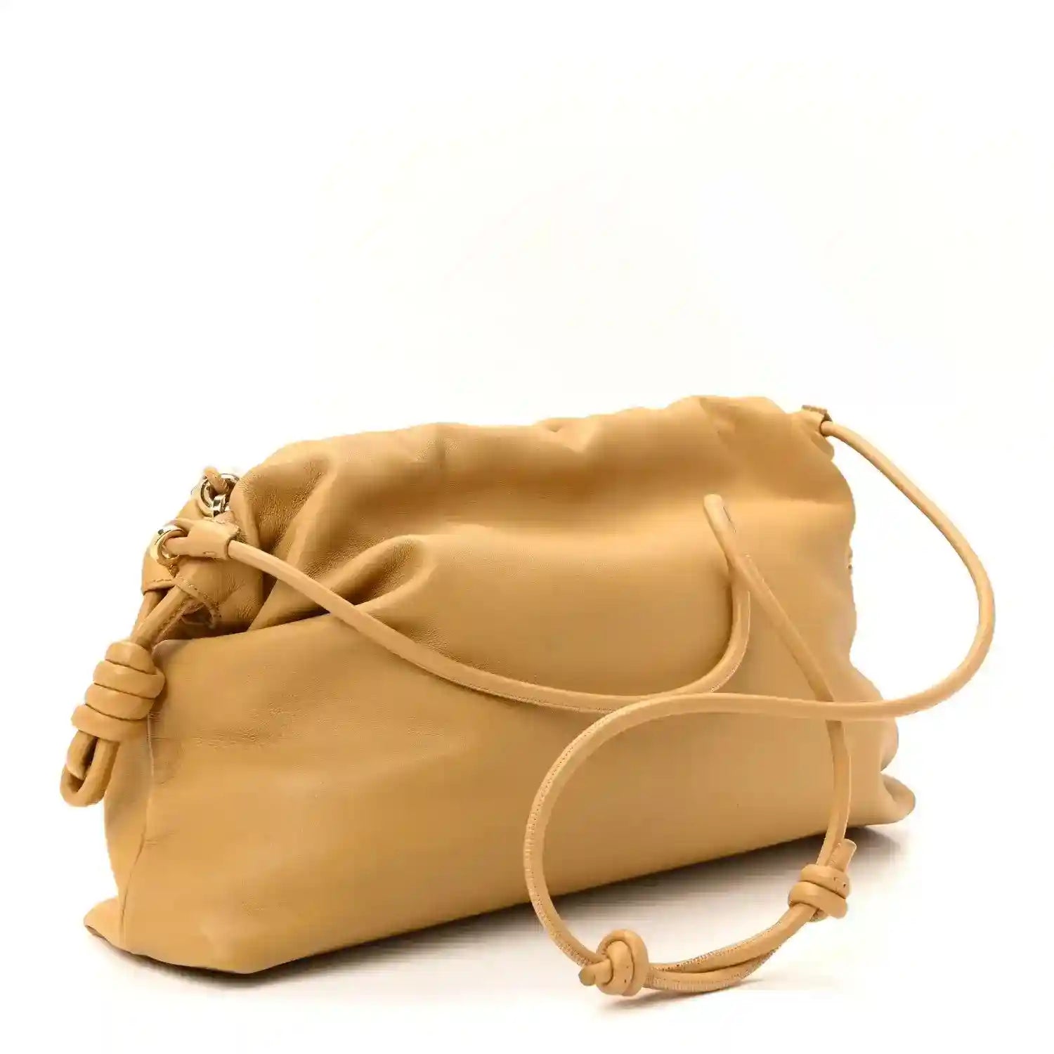 Tan nappa leather clutch with drawstring cords and gold-tone chain detail