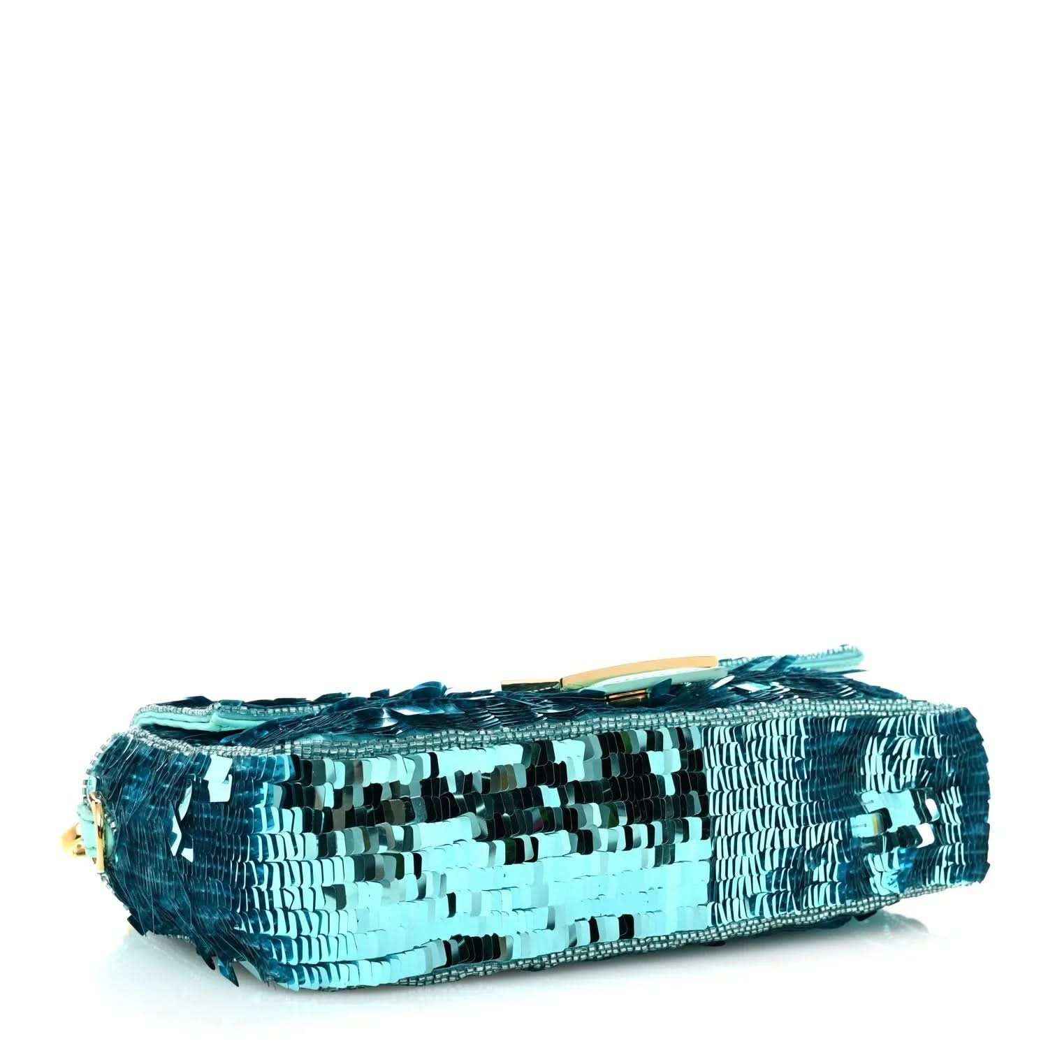 Turquoise sequin baguette bag with textured top handle and gold-tone hardware