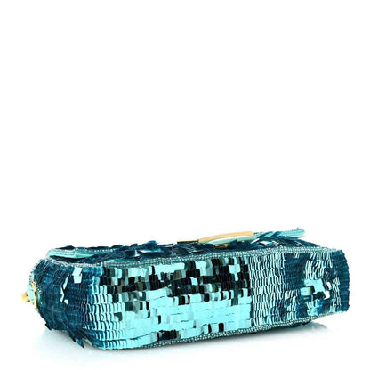 Turquoise sequin baguette bag with textured top handle and gold-tone hardware