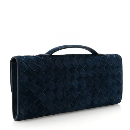 Blue suede intrecciato clutch with top handle, side view