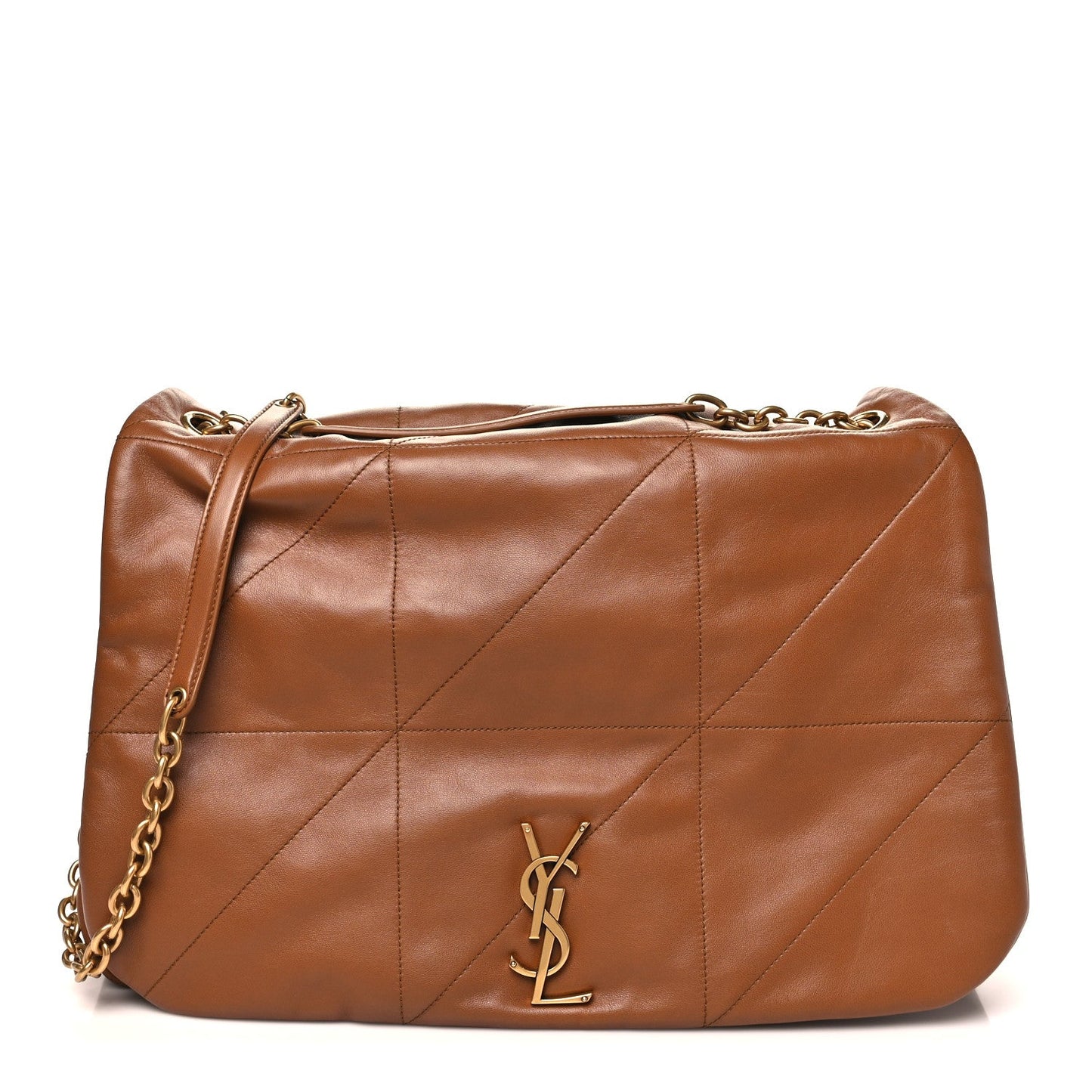 Tan-brown leather quilted shoulder bag with YSL monogram and gold chain strap.
