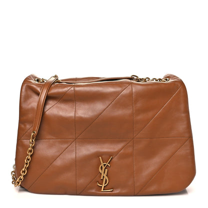Tan-brown leather quilted shoulder bag with YSL monogram and gold chain strap.