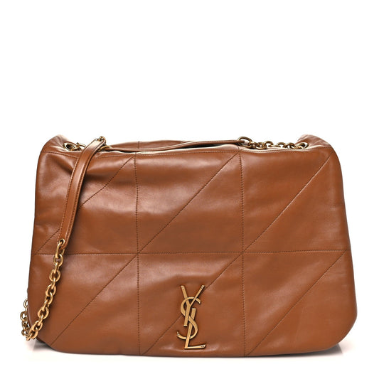 Tan-brown leather quilted shoulder bag with YSL monogram and gold chain strap.