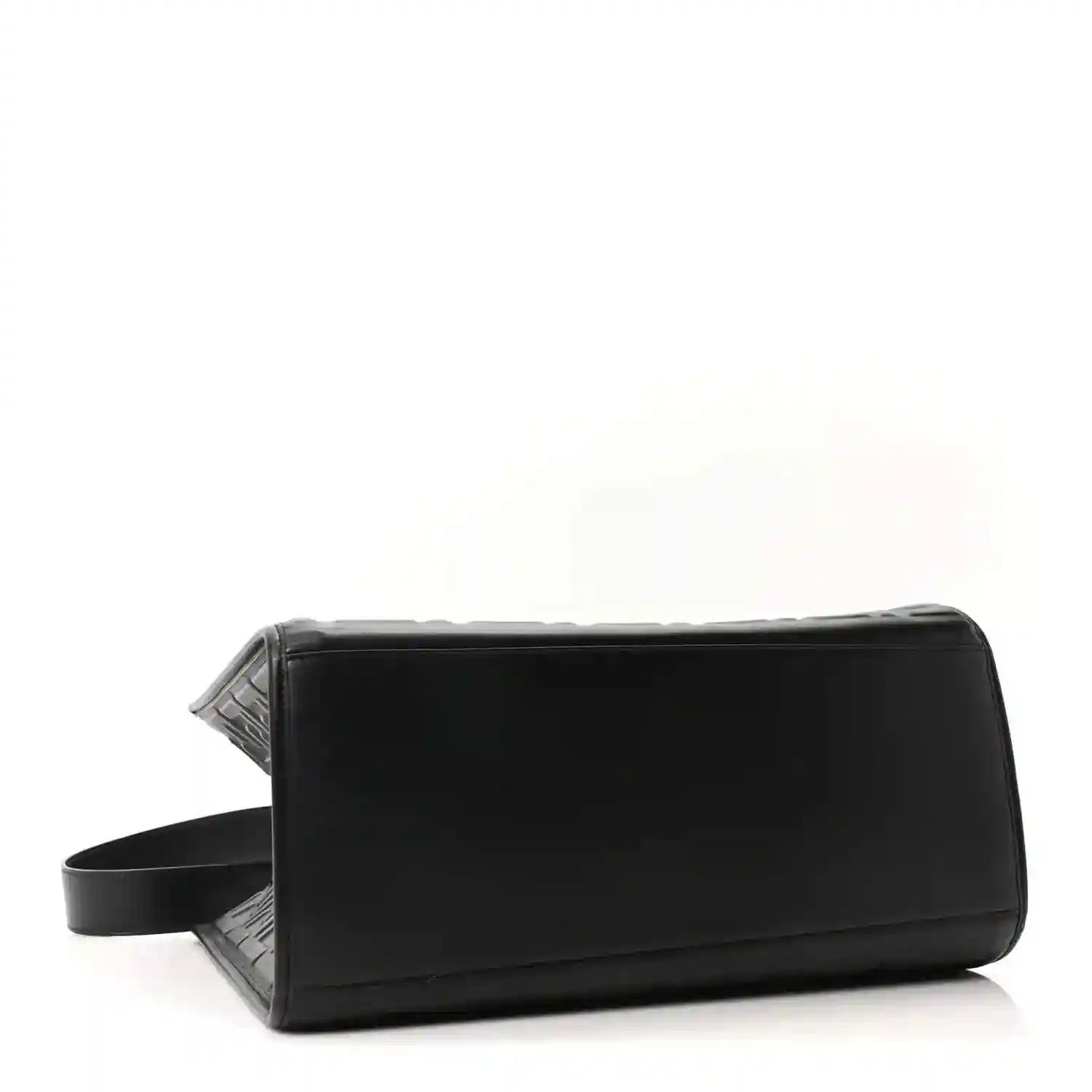 Black leather tote bag with wide side strap and structured rectangular shape