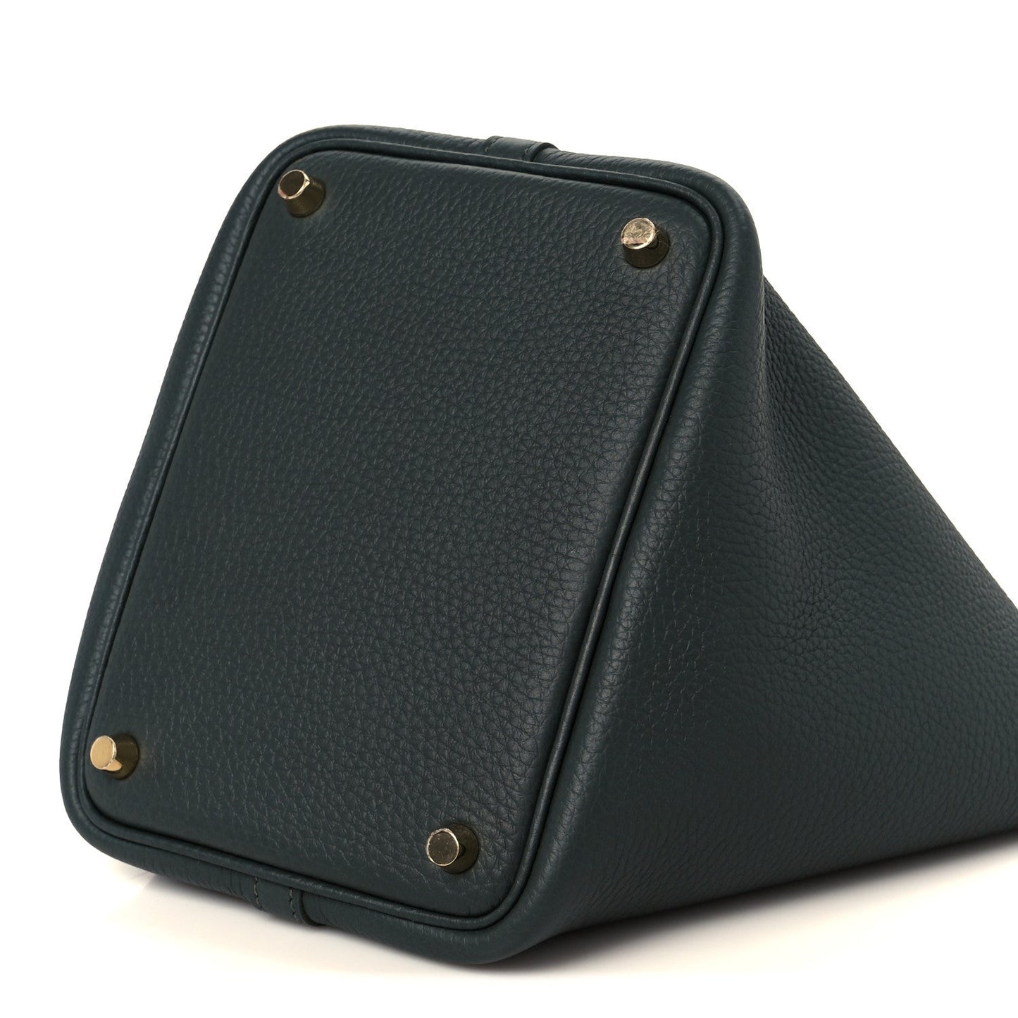 Dark green leather tote with gold-tone corner studs and front panel seam