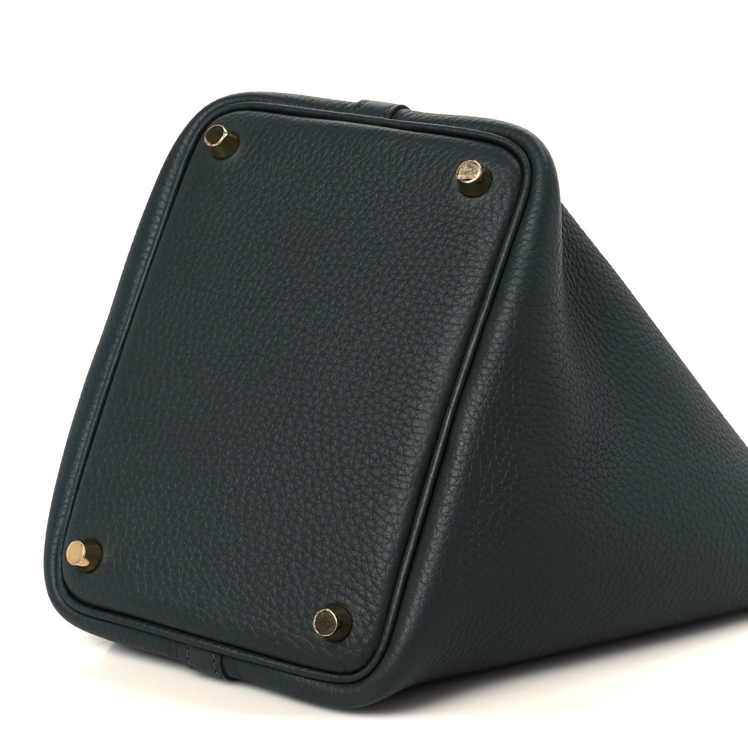 Dark green leather tote with gold-tone corner studs and front panel seam