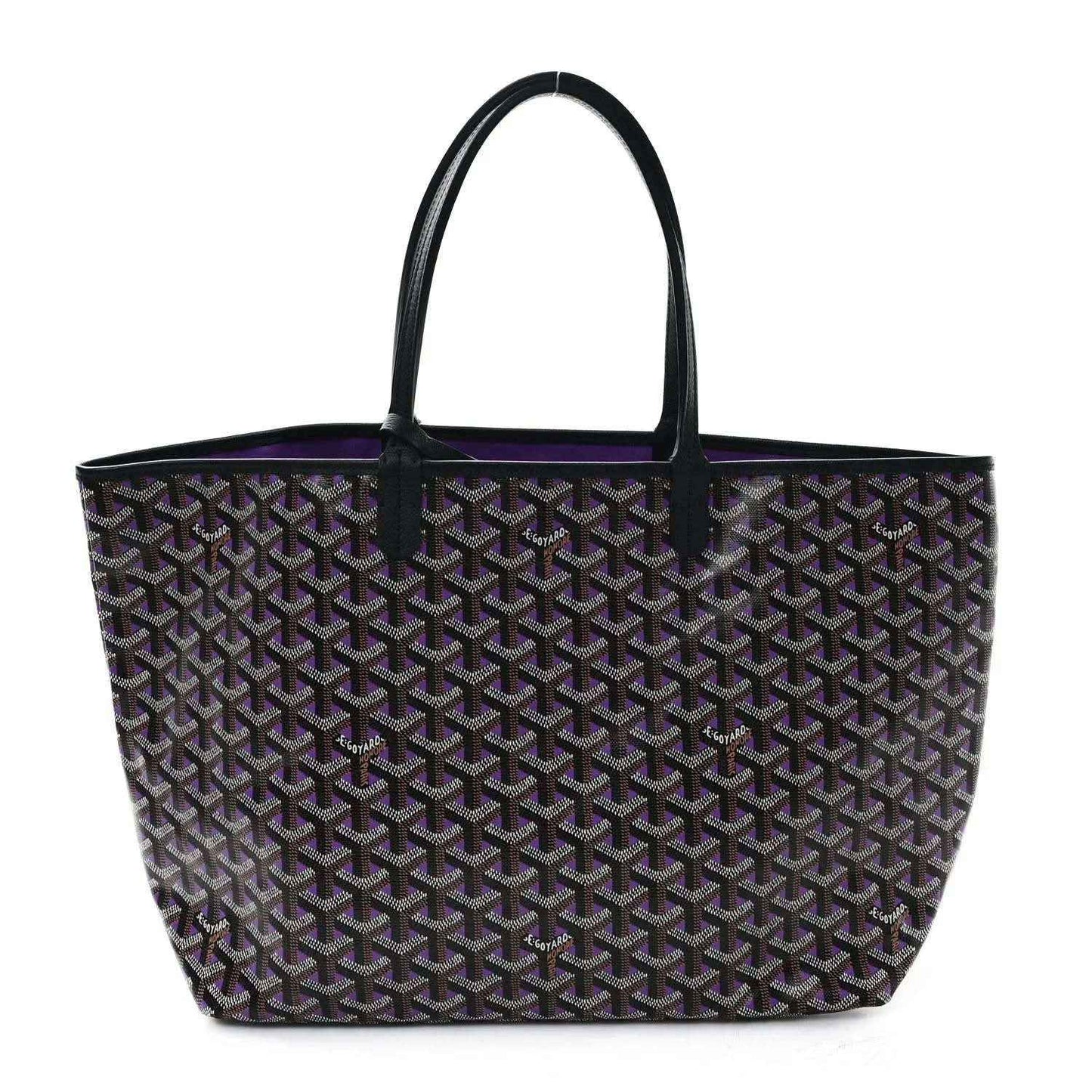 Tote bag with Goyardine-style monogram pattern, black base with purple accents, top handles