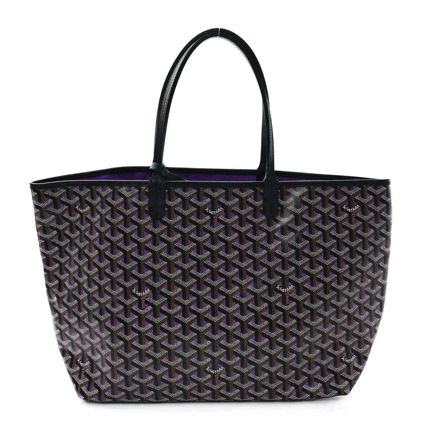 Tote bag with Goyardine-style monogram pattern, black base with purple accents, top handles