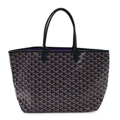 Tote bag with Goyardine-style monogram pattern, black base with purple accents, top handles
