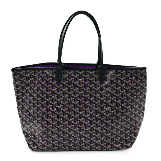 Tote bag with Goyardine-style monogram pattern, black base with purple accents, top handles
