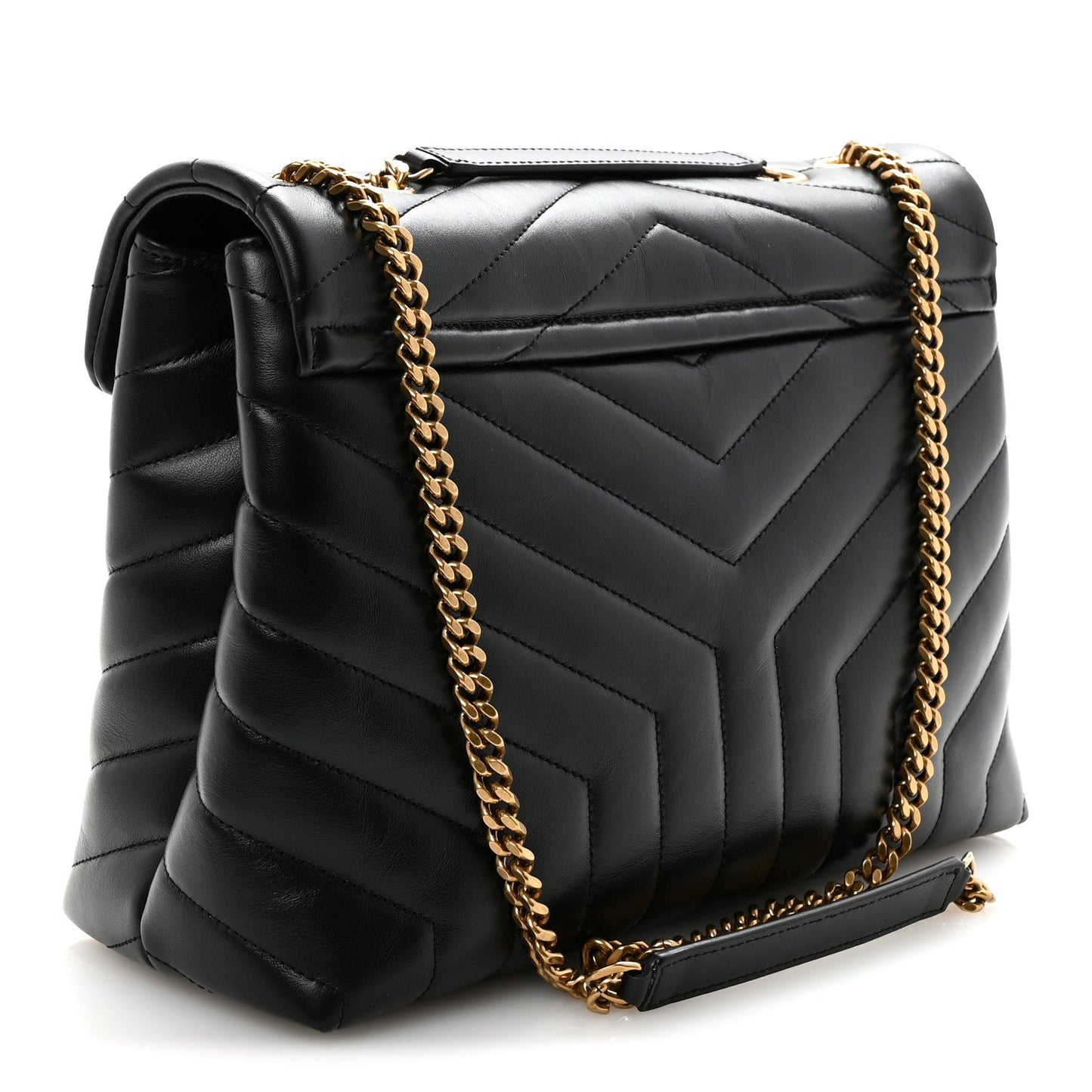 Black quilted calfskin satchel with gold chain strap and chevron stitching