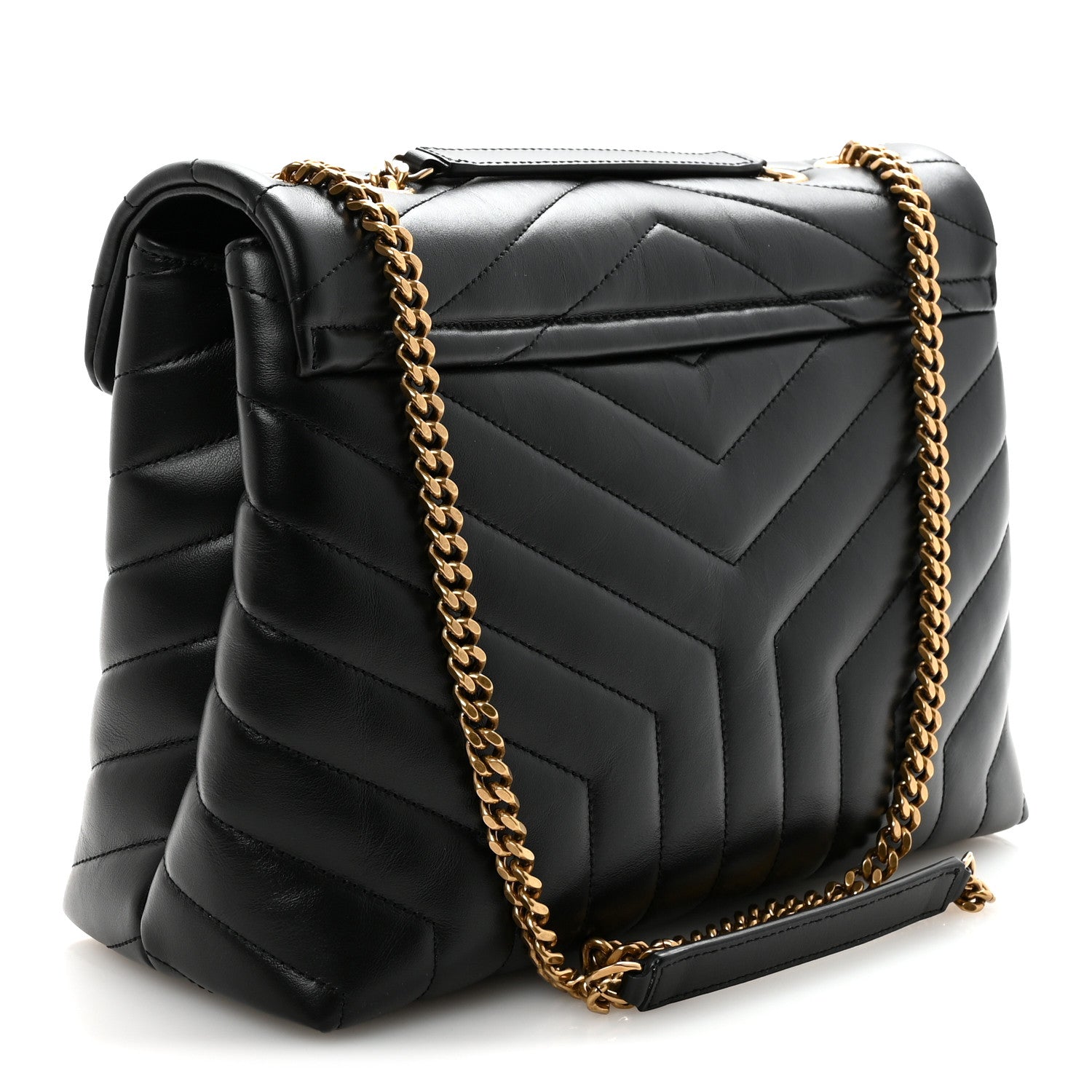 Black quilted calfskin satchel with gold chain strap and chevron stitching