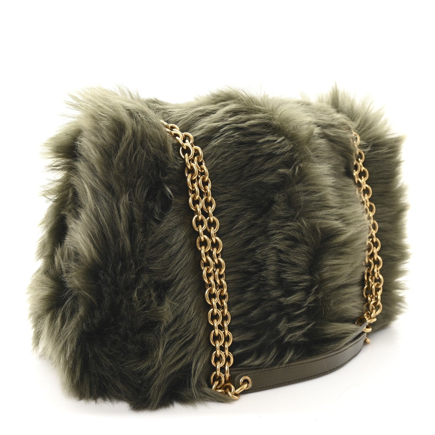 Shearling shoulder bag with dark olive fur, gold chain strap, and black base trim