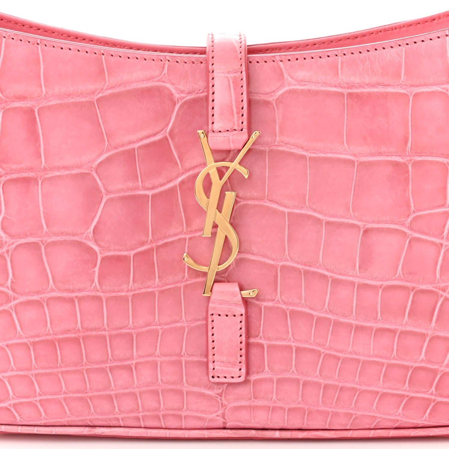 Pink alligator-textured hobo bag front with YSL monogram charm and vertical strap
