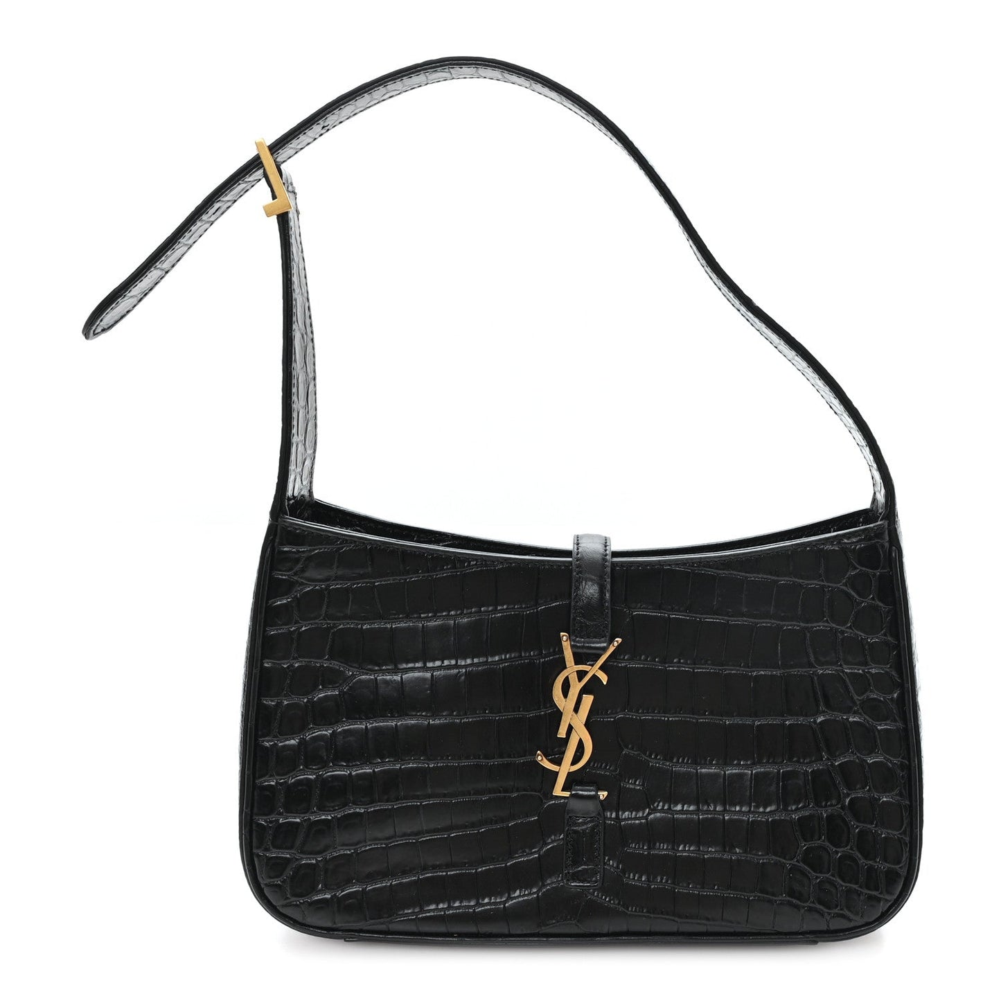 Black embossed calfskin hobo bag with short top handle and YSL logo charm
