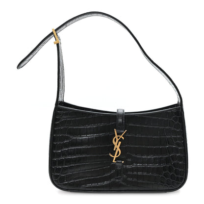 Black embossed calfskin hobo bag with short top handle and YSL logo charm