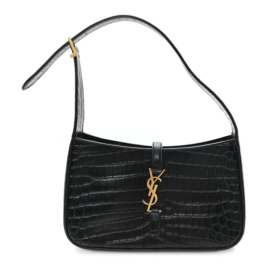 Black embossed calfskin hobo bag with short top handle and YSL logo charm