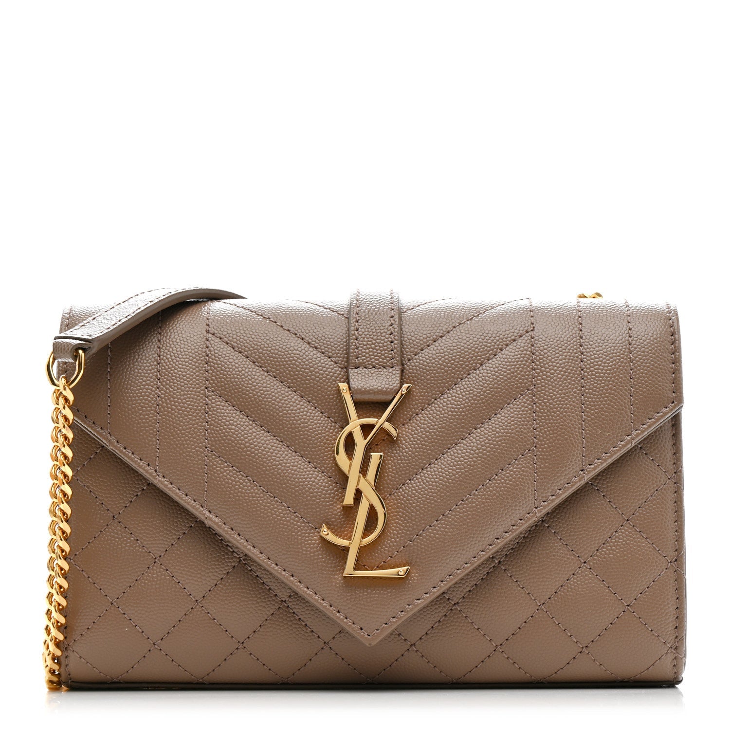 Dark beige quilted Saint Laurent monogram satchel with YSL clasp and chain strap