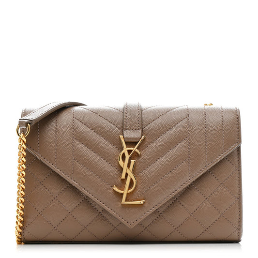 Dark beige quilted Saint Laurent monogram satchel with YSL clasp and chain strap
