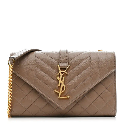 Dark beige quilted Saint Laurent monogram satchel with YSL clasp and chain strap