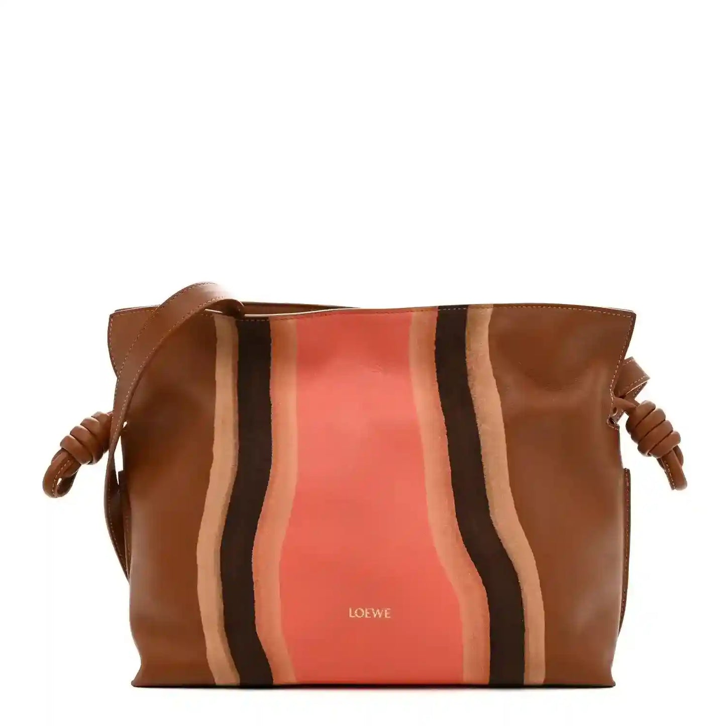 Flamenco knot clutch in brown leather with coral center panel and striped accents
