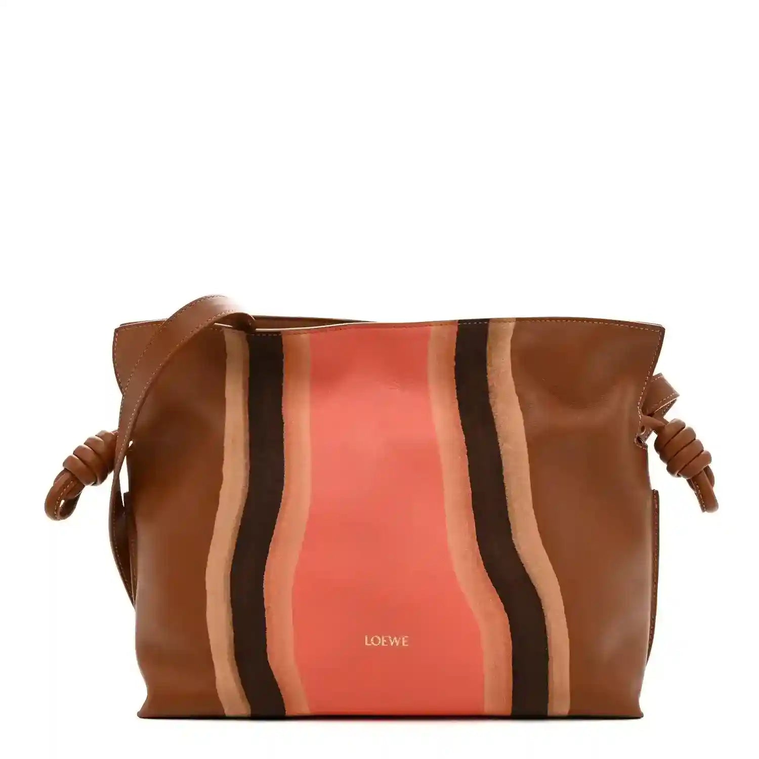 Flamenco knot clutch in brown leather with coral center panel and striped accents