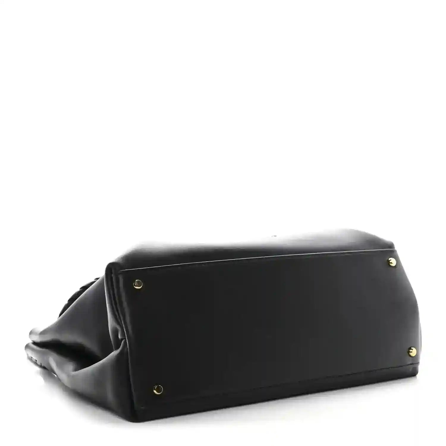 Black leather medium shoulder bag base view with gold-tone feet and curved side panels.