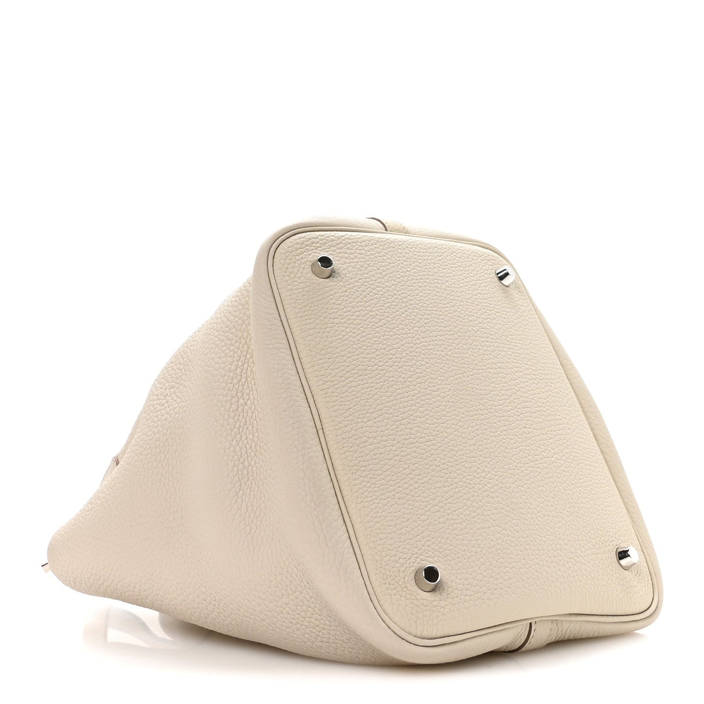 Ivory leather tote bag corner panel with metal snap details