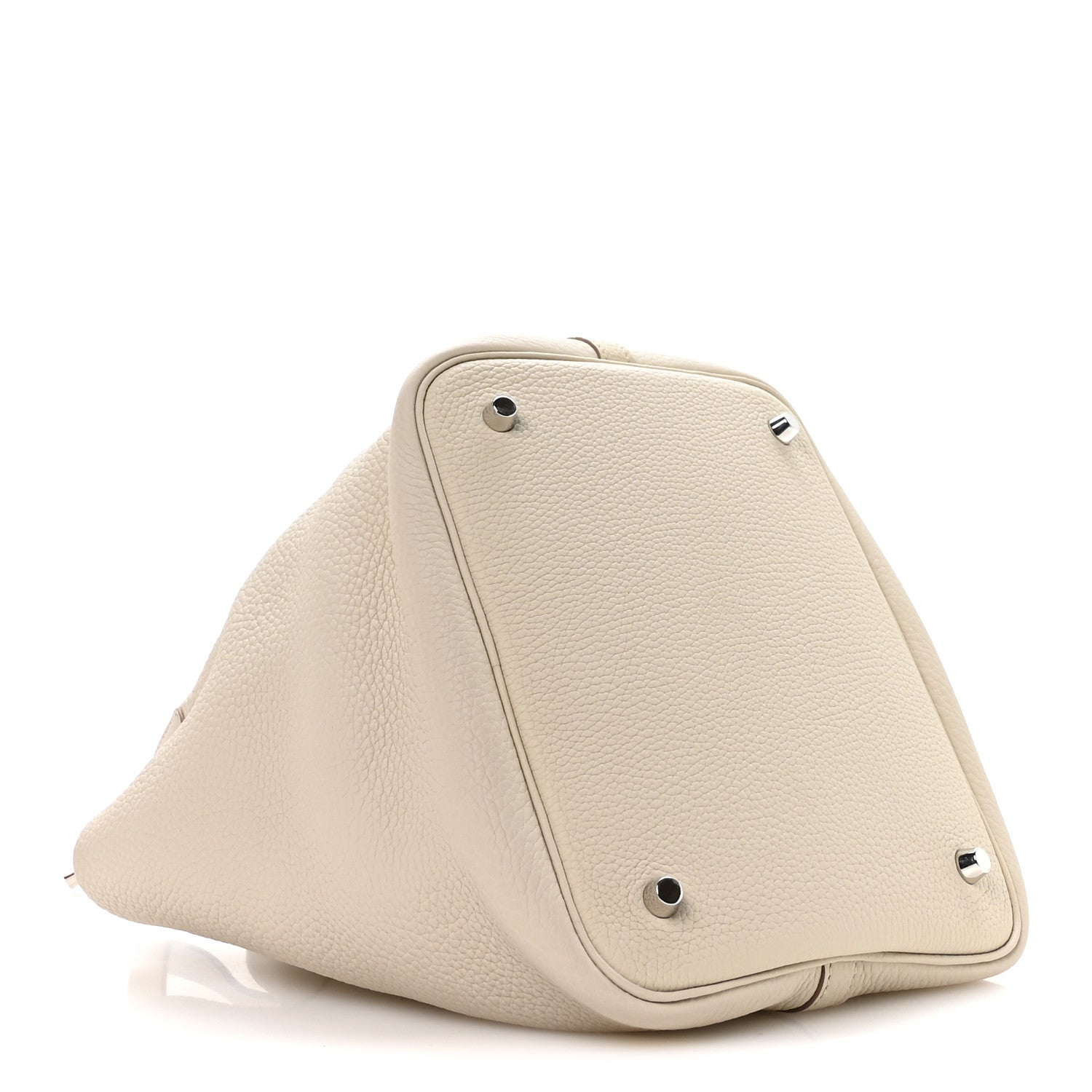 Ivory leather tote bag corner panel with metal snap details