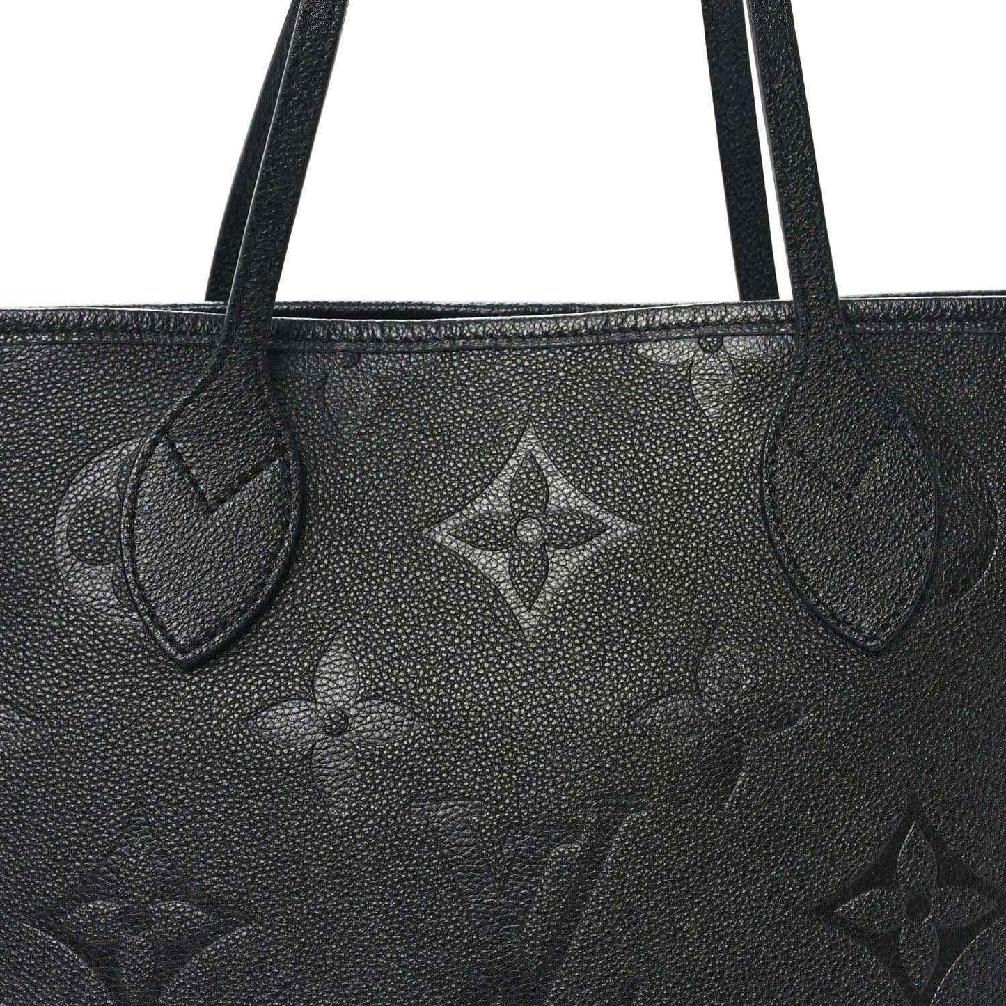 Neverfull MM tote bag handle area, dark black embossed monogram leather