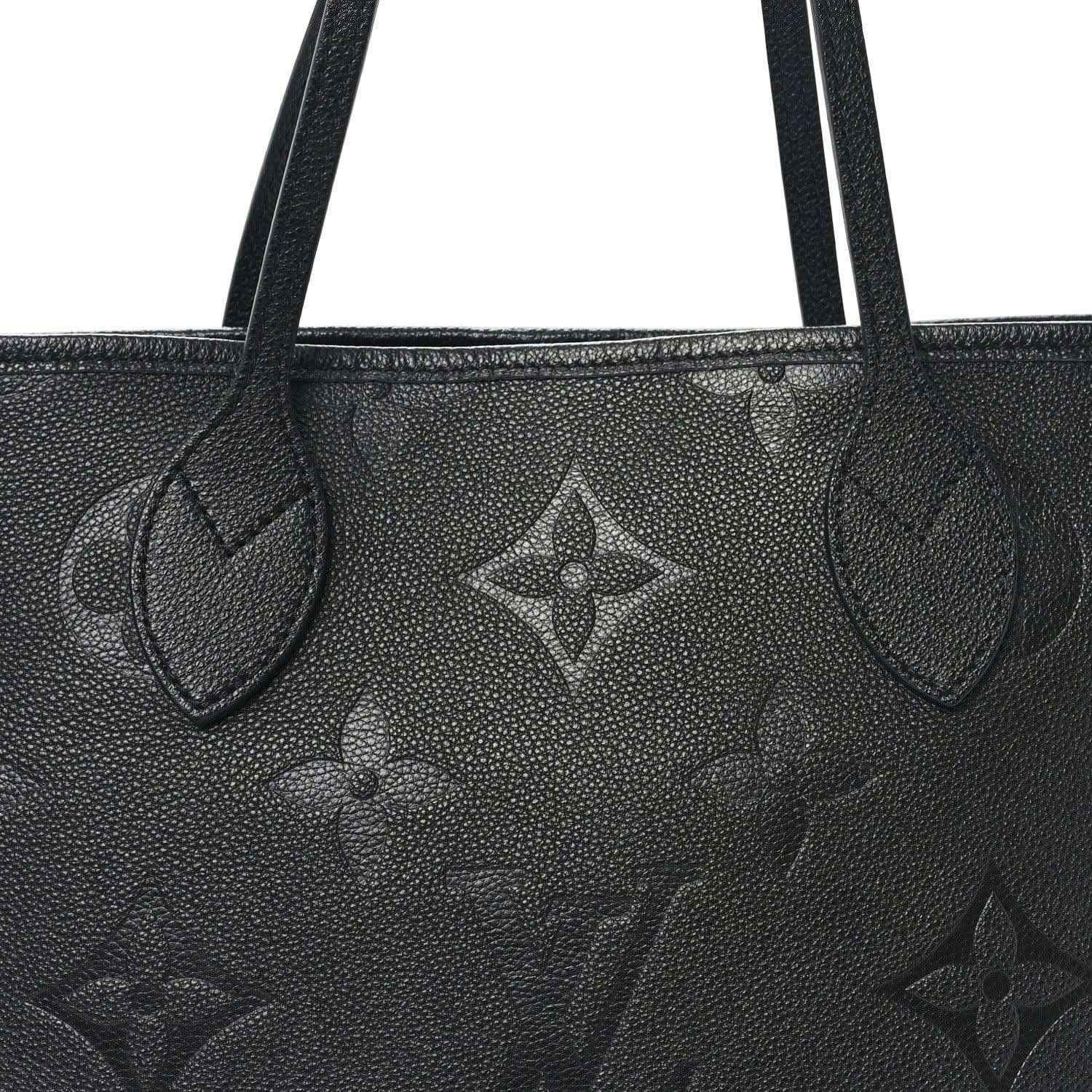 Neverfull MM tote bag handle area, dark black embossed monogram leather