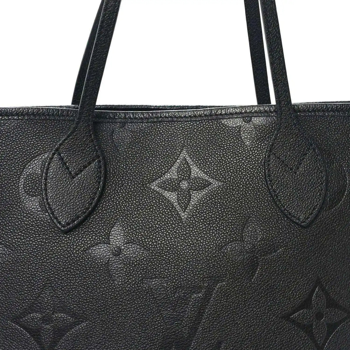 Neverfull MM tote bag handle area, dark black embossed monogram leather