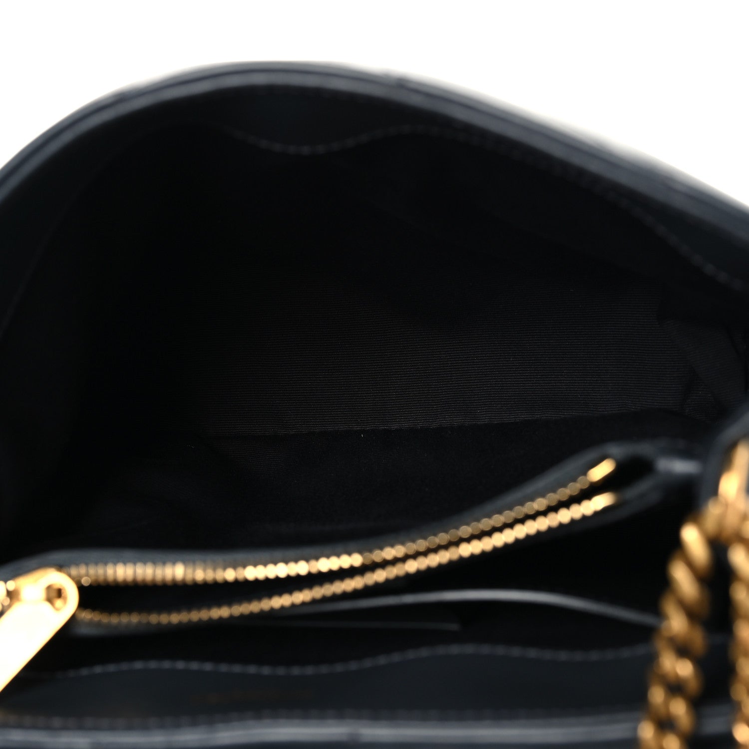 Saint Laurent satchel interior lining with gold chain strap and zipper opening, dark blue