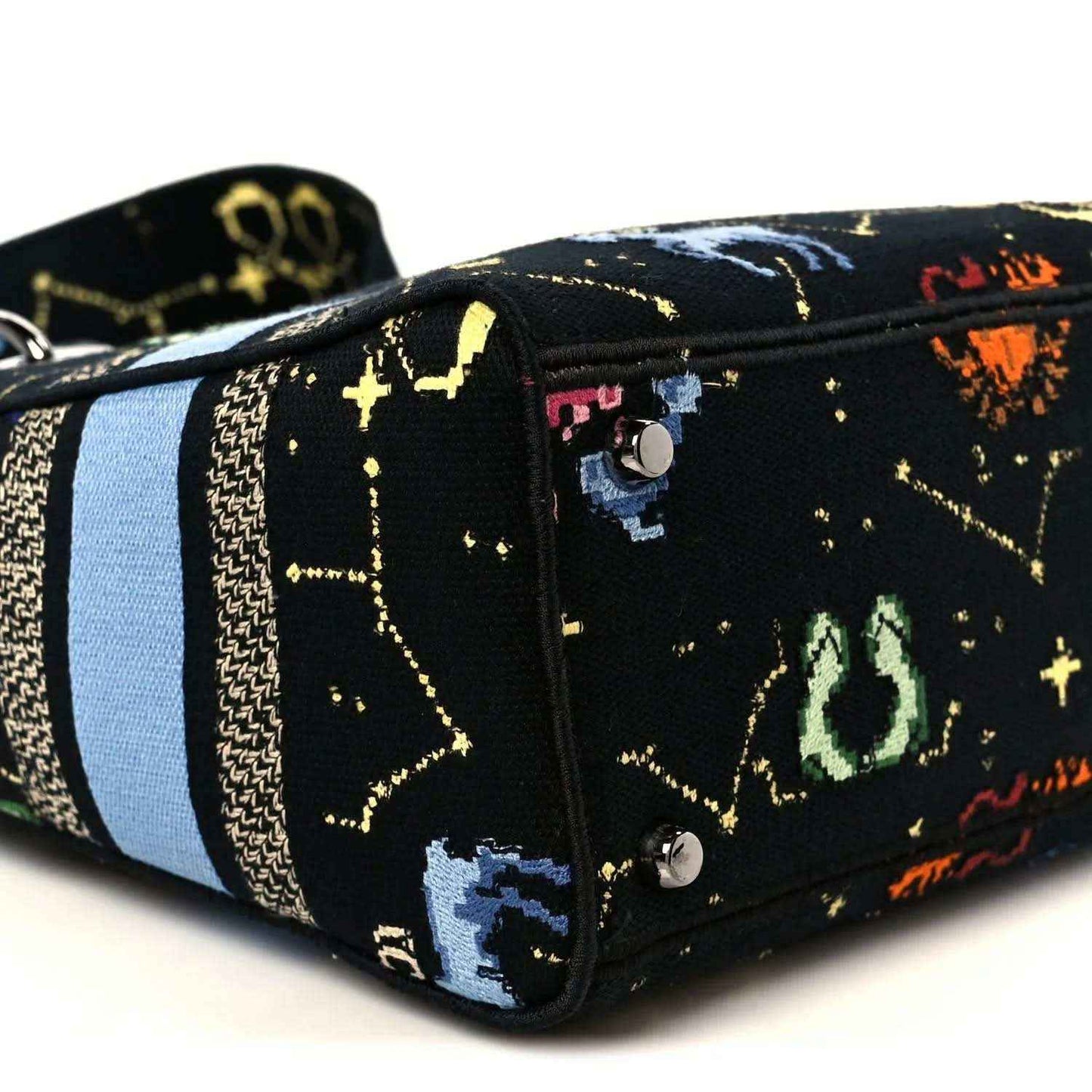 Canvas medium handbag, black with zodiac pixel pattern and blue stripe, top handles