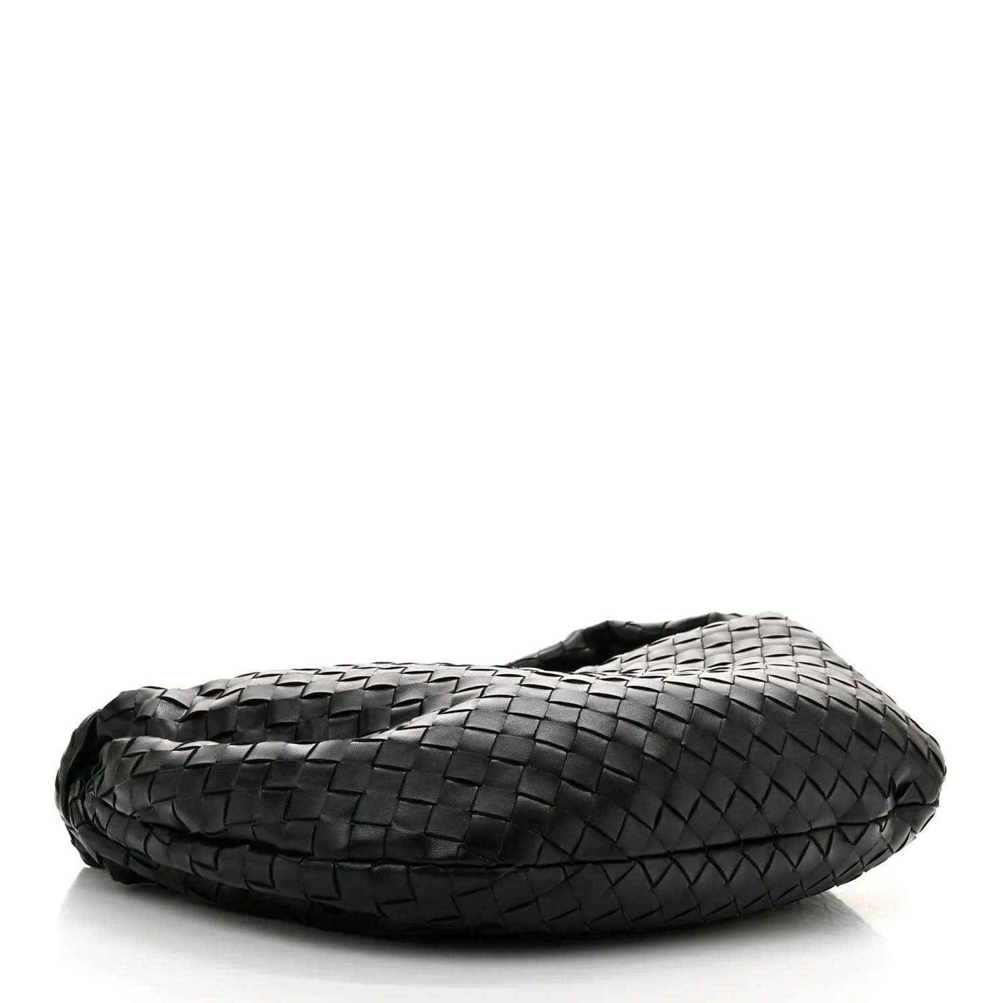 Small black leather shoulder bag, side view with intrecciato woven pattern