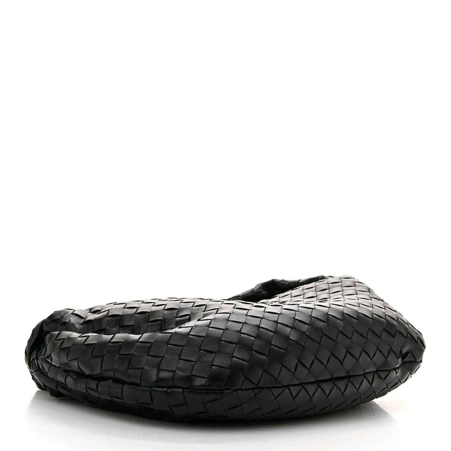 Small black leather shoulder bag, side view with intrecciato woven pattern
