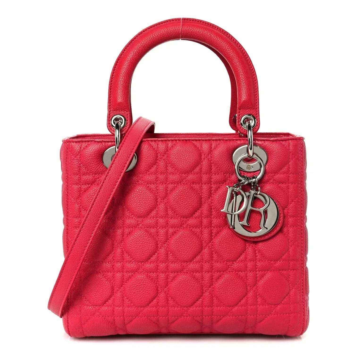 Pink quilted handbag with top handles and silver hardware, Dior charm