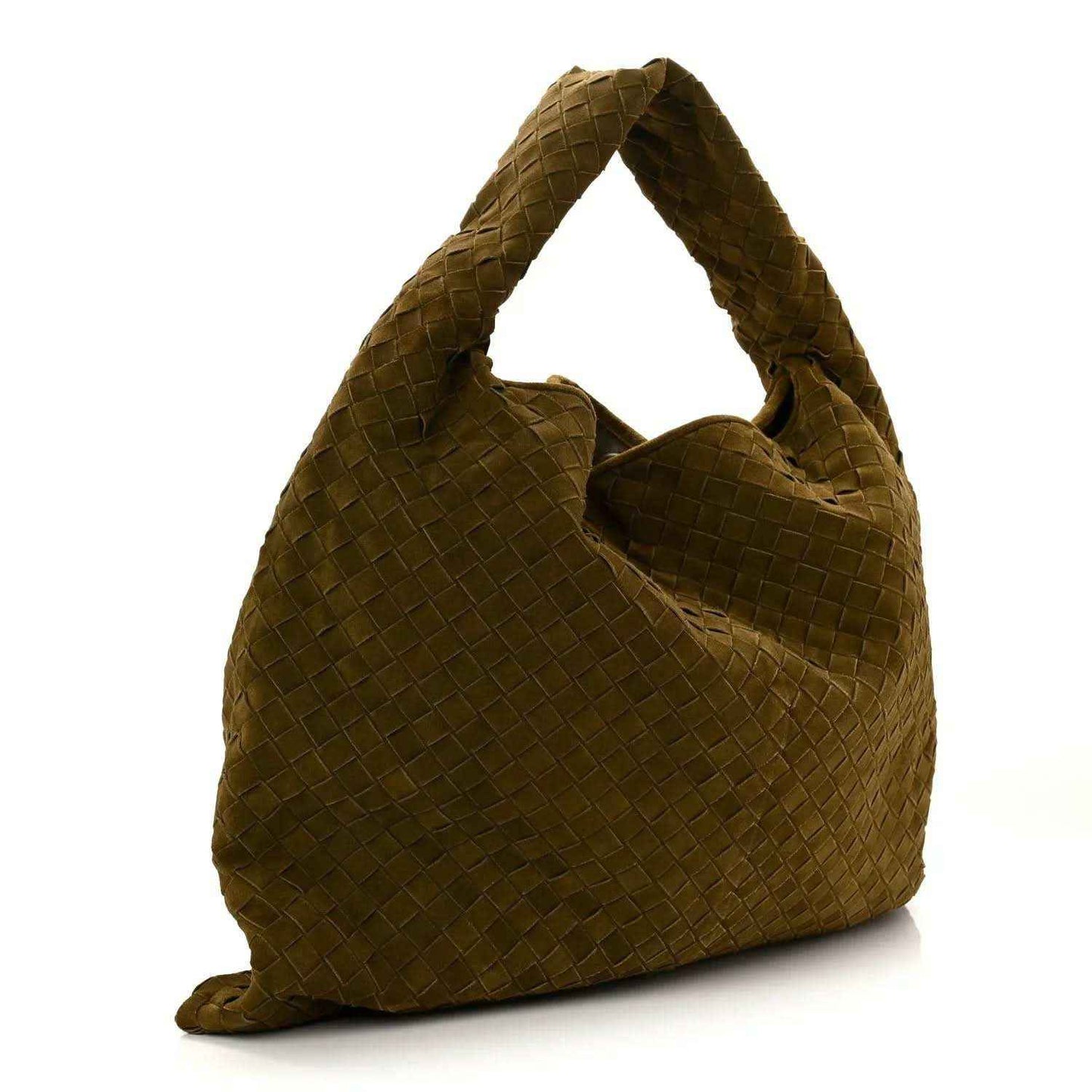 Olive suede intrecciato large hobo bag from side angle with textured top handles