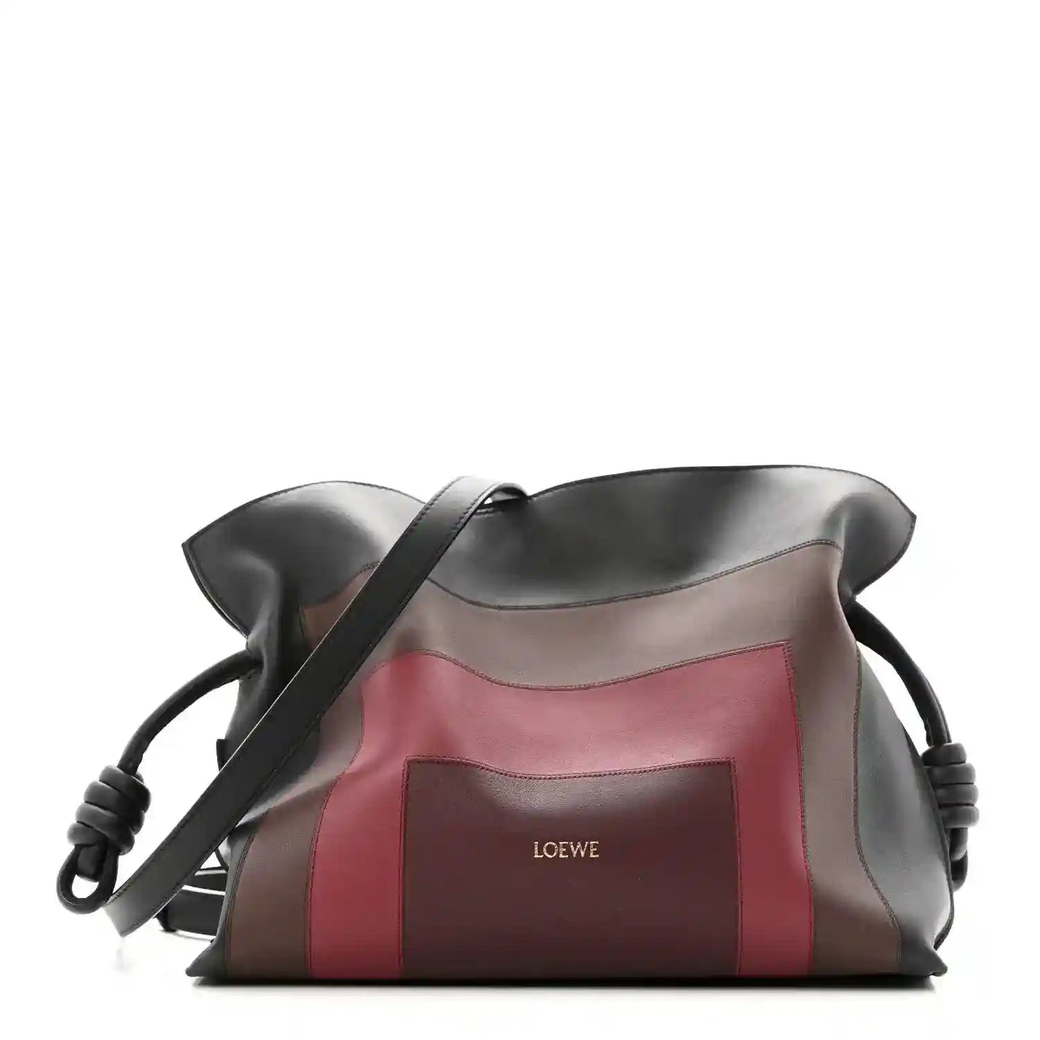 Flamenco knot calfskin clutch in black with burgundy panel and strap