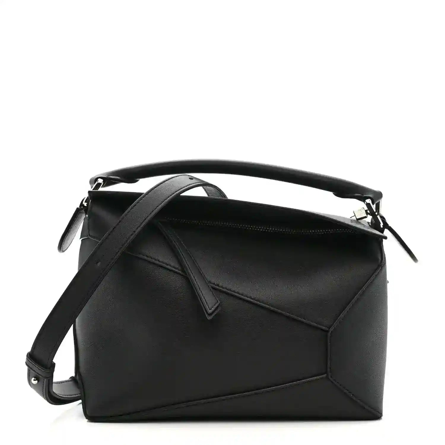Small Puzzle Edge shoulder bag in black leather with top handle and shoulder strap
