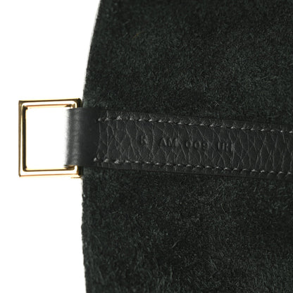 Dark green leather tab with gold-tone buckle and stitched trim on mini bag.