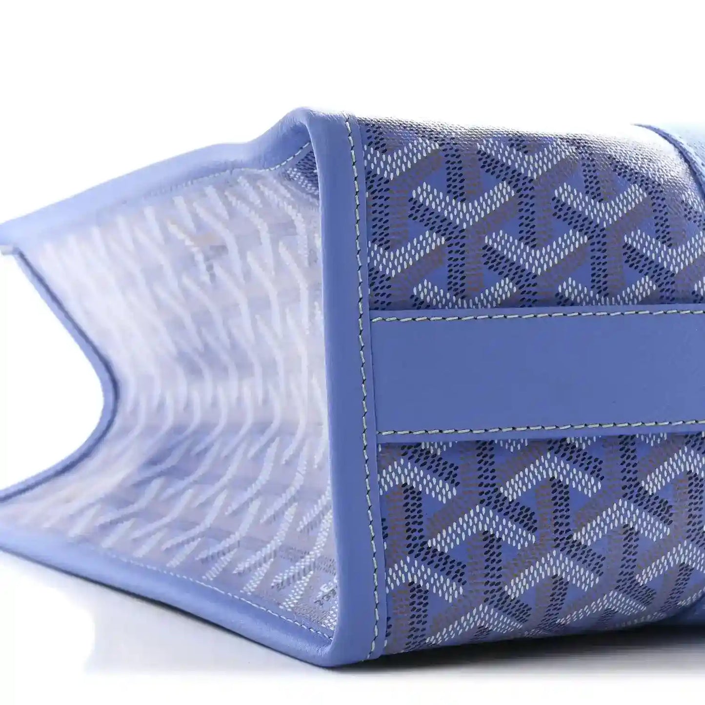 Goyardine Villette PM tote bag side view, blue coated canvas with stitched edge