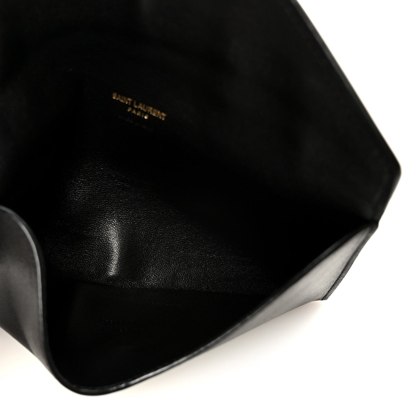 Black leather bag interior pocket with seam details