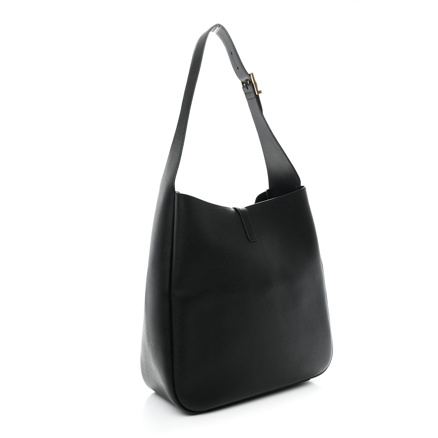 Black leather soft hobo bag with wide strap, slouchy silhouette and gold hardware