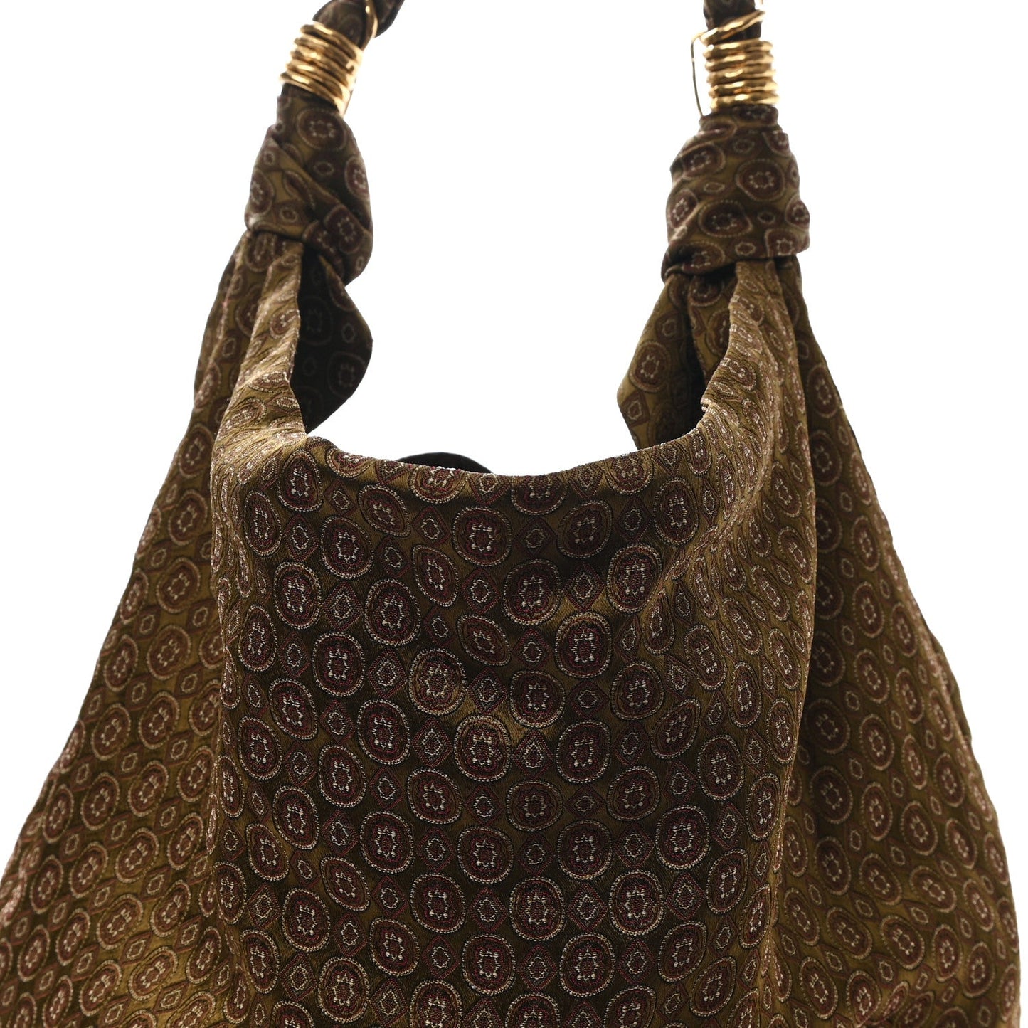 Hobo bag with braided top handles and jacquard medallion body, brown/olive.