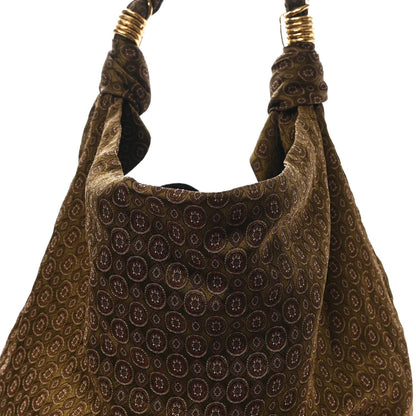 Hobo bag with braided top handles and jacquard medallion body, brown/olive.